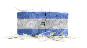 Brick with broken glass, violence concept, flag of Nicaragua