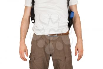 Close-up of a man with holster and a blue training gun, isolated on white