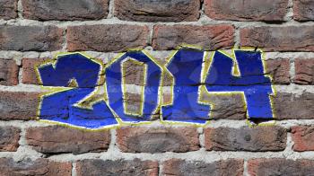 Old dark red brick wall texture with graffity, 2014