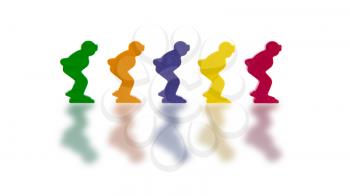 Five colored pawns isolated on a white background, ice skaters