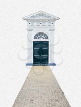 Computer generated drawing of an entrance of an old church, on white