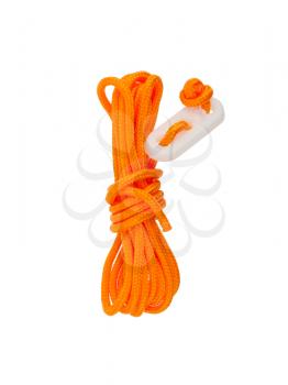Orange rope used for bracing a tent, isolated