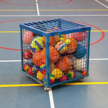 Collection of different balls in a metal cage, school gym