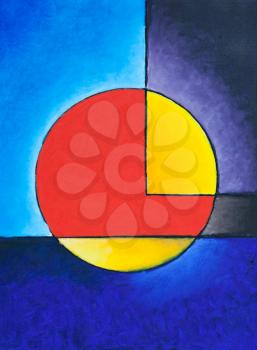 Painting of a red and yellow circle in a blue background