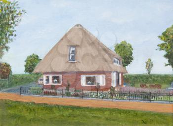 Painting of a house with a red road in front of it