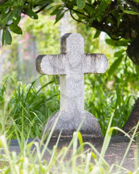 Cross on tombstone under a green tree