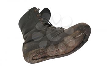 Army boot isolated on white, sole completely gone