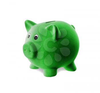 Unique pink ceramic piggy bank isolated, green
