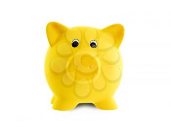 Unique pink ceramic piggy bank isolated, bright yellow