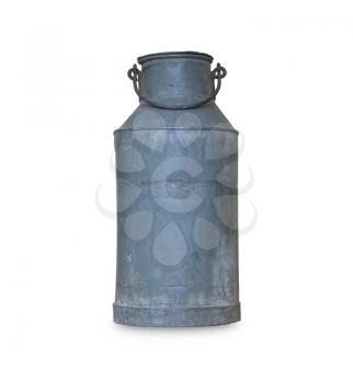 Old metal milk can on white background