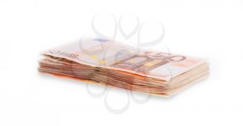 Stack of 50 euro bills, selective focus, isolated on white background