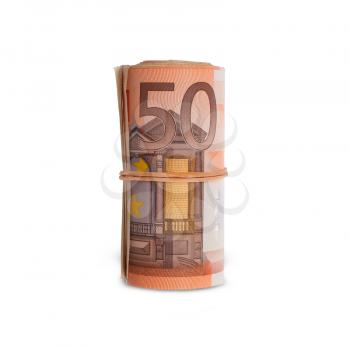 Roll of 50 euro bills, isolated on white