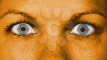 Women eye, close-up, blue eyes, orange skin