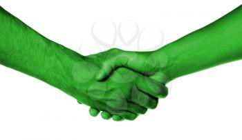Shaking hands of two people, male and female, green skin