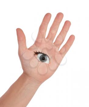 Open hand with eye, isolated on white