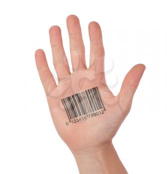 Open hand with barcode, isolated on white