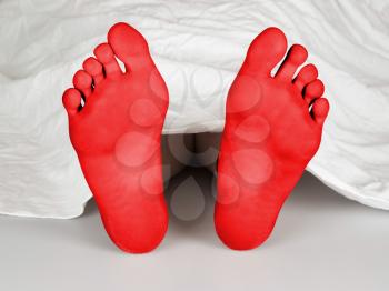 Body under a white sheet, suicide, sleeping, murder or natural death, red feet