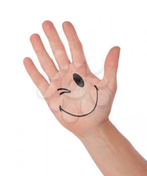 Hand with smiley isolated on white, concept of communication, blinking