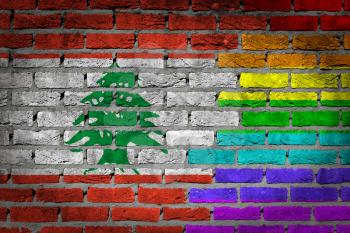 Dark brick wall texture - coutry flag and rainbow flag painted on wall - Lebanon