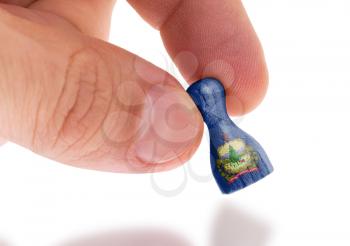 Hand holding wooden pawn with a flag painting, selective focus, Vermont