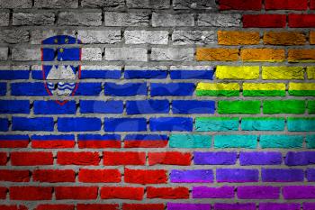 Dark brick wall texture - coutry flag and rainbow flag painted on wall - Slovenia