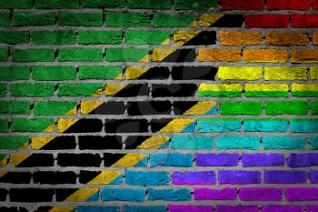 Dark brick wall texture - coutry flag and rainbow flag painted on wall - Tanzania