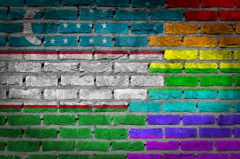 Dark brick wall texture - coutry flag and rainbow flag painted on wall - Uzbekistan