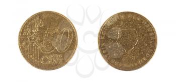 Fifty euro cent on white background, front and back