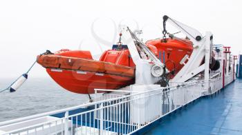 Lifeboats by deck of a cruise ship