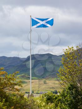 Scotland flag waving in the wind, cloudy sky