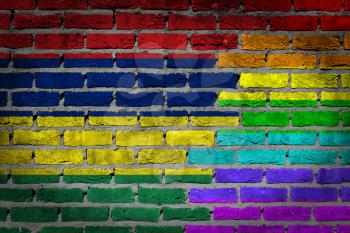 Dark brick wall texture - coutry flag and rainbow flag painted on wall - Mauritius
