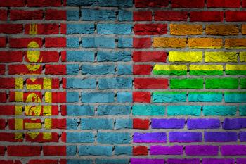 Dark brick wall texture - coutry flag and rainbow flag painted on wall - Mongolia