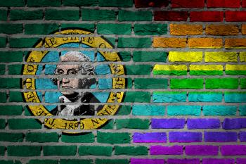 Dark brick wall texture - coutry flag and rainbow flag painted on wall - Washington