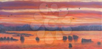 Painting of a sunset over marshland, birds in the sky