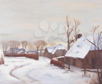 Idyllic winter landscape painting, old farms in a village