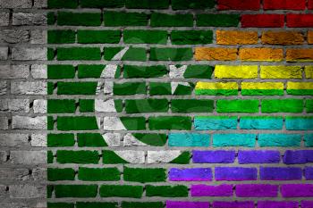 Dark brick wall texture - coutry flag and rainbow flag painted on wall - Pakistan