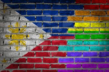 Dark brick wall texture - coutry flag and rainbow flag painted on wall - Philippines