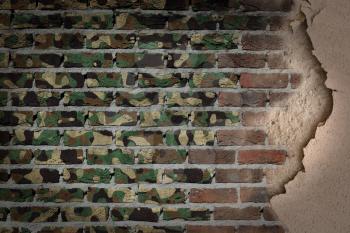 Dark brick wall texture with plaster - flag painted on wall - Army camouflage