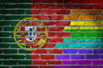 Dark brick wall texture - coutry flag and rainbow flag painted on wall - Portugal