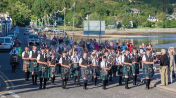 ULLAPOOL, SCOTLAND - JULY 17: Bagpipes' parade at local Highland Games on july 17, 2014 in Ullapool, Scotland