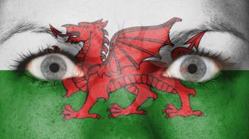 Women eye, close-up, blue eyes, flag of Wales