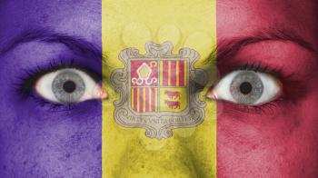 Women eye, close-up, blue eyes, flag of Andorra
