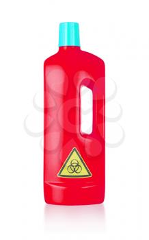 Plastic bottle cleaning-detergent, biohazard, isolated on white