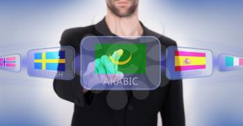 Hand pushing on a touch screen interface, choosing language or country, Mauritania