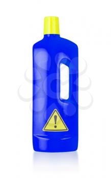 Plastic bottle cleaning-detergent, danger, isolated on white