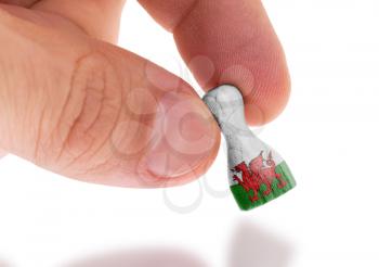 Hand holding wooden pawn with a flag painting, selective focus, Wales