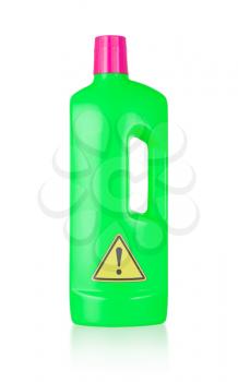 Plastic bottle cleaning-detergent, danger, isolated on white