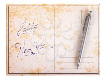 Old paper postcard, isolated on white - Happy new year