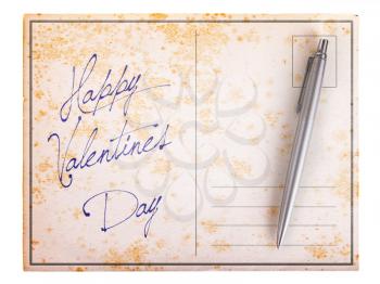 Old paper postcard, isolated on white - Happy valentines day