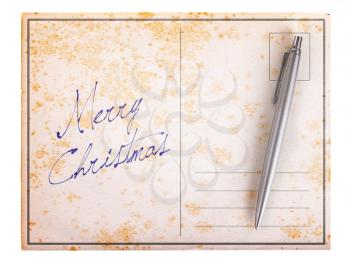Old paper postcard, isolated on white - Merry Christmas